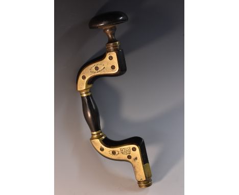 Tools - a 19th century brass-mounted ebony Metallic Frame Patent brace, by Alfred Ridge, Ecclesfield, 34cm long 