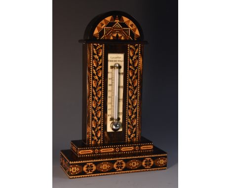 A Victorian Tunbridge ware and rosewood desk thermometer, the ivorine sacle inscribed T Barton, Tunbridge Wells, arched crest