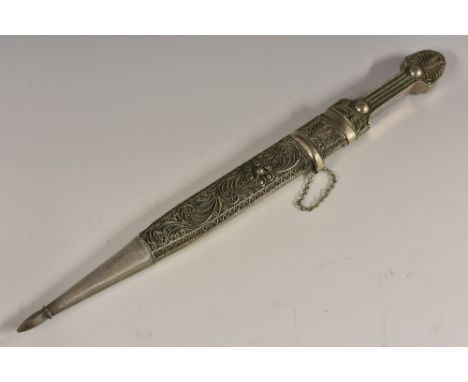 A Caucassian silvered metal qama dagger, 24.5cm pointed blade, the scabbard and haft applied with wirework, 40.5cm long overa