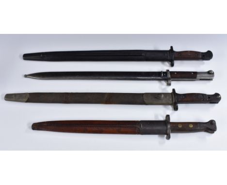 A British 1888 pattern bayonet, 30cm straight fullered blade, two-piece wooden grip, leather scabbard, 45cm long overall; a 1