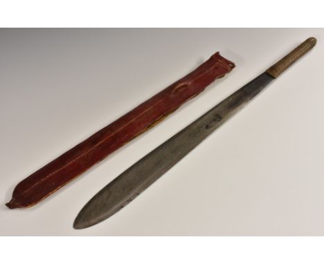 A Maasai seme dagger or short sword, 39cm blade, hide bound grip, red hide scabbard, 53cm long, Kenya, early 20th century