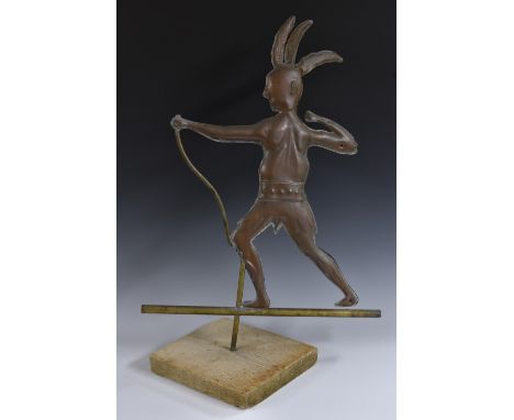 Folk Art - a copper weather vane, as a Native American, wearing a feathered headdress and making ready to fire an arrow, 56cm