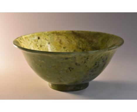 A Chinese spinach jade flared circular bowl, 13cm diam
