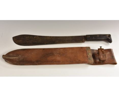 A World War II American machete, by Legitimus Collins & Co, 37.5cm blade, two-piece grip, 49.5cm long overall, the leather sc