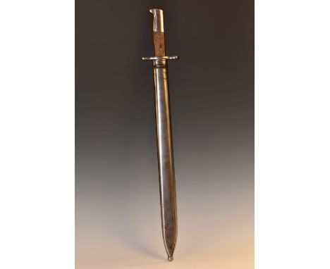 A German bayonet, 48cm fullered saw-back blade, marked Waffen Fabrik, Neuhausen, two-piece wooden grip, steel scabbard, 64cm 