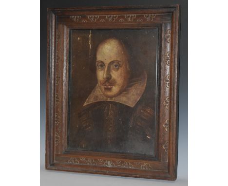 After Martin Droeshout, Portrait of William Shakespeare, lithograph print laid on panel, 44cm x 33cm, oak frame