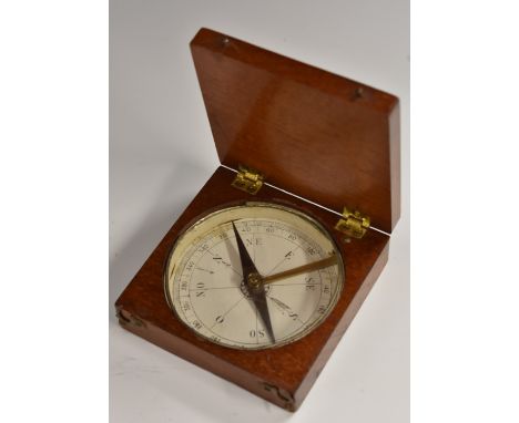 A 19th century mahogany travelling compass, 6cm dial, hinged cover, 7cm wide, c.1900
