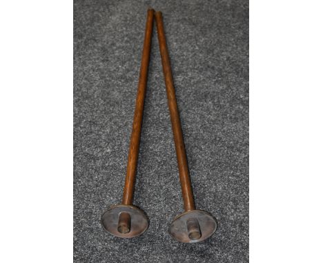 Friendly Society - a pair of Arts and Crafts oak and copper processional candlestick torches, quite plain, saucer-shaped drip