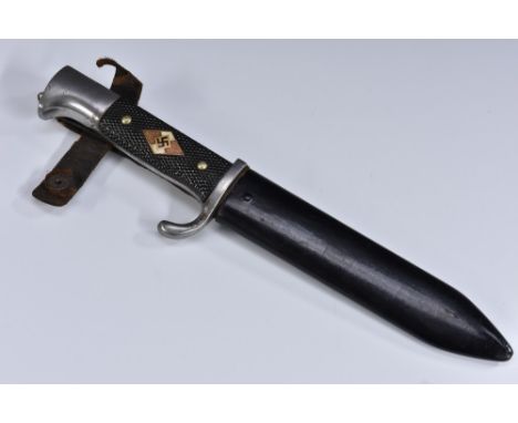 A Nazi German Third Reich Hitler Youth knife or dagger, 14cm blade marked RZM, M7/13, curved quillon, two-piece chequered gri