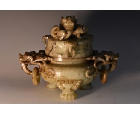 A Chinese mutton fat jade/hardstone censer and cover, carved in the in the Archaic taste with dragons, loose ring handles, li