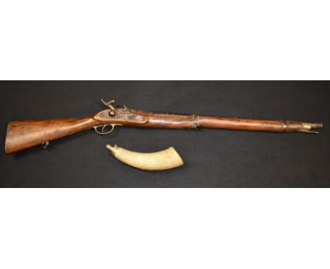 A 19th century percussion carbine, 66cm barrel with two bands, walnut full stock, steel ram rod, brass trigger guard and butt