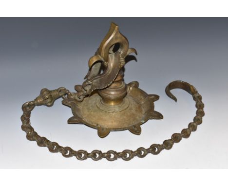 An Indian bronze hanging temple lamp, cast as a lotus, substantial chain with suspension hook, 25cm diam
