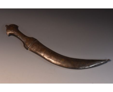 A 19th century Indian khanjar, 27.5cm curved raised-fullered blade, steel hilt and scabbard lightly damascened in gold and si