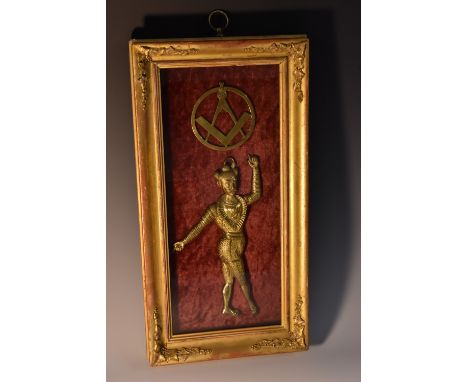 A 19th century brass pendant, depicting Masonic square and compass, framed ensuite with a gilt figure plaque, his breast disp