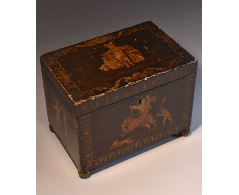 A George III japanned rectangular tea caddy, hinged cover enclosing twin compartments, painted with a naive depiction of Merc