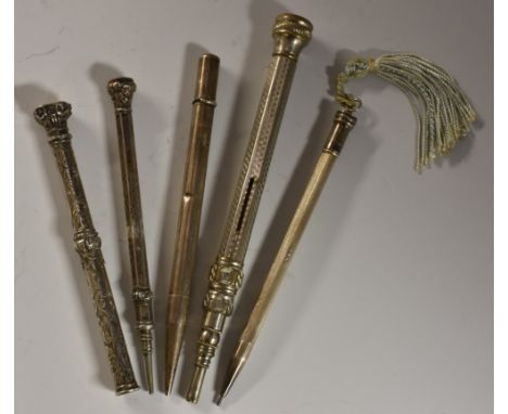 An early Victorian silver-coloured metal propelling pencil, the acanthus capital terminal set with an agate seal cut intaglio