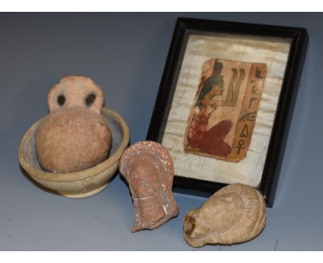 Antiquities - an Ancient Egyptian parchment fragment, painted and inscribed in earth pigments with hieroglyphs and a prostrat