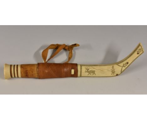 A Lapp or Sami leuku dagger, 11cm single-edged blade, bone scabbard engraved with reindeer and a figure, hide hanger, 25.5cm 