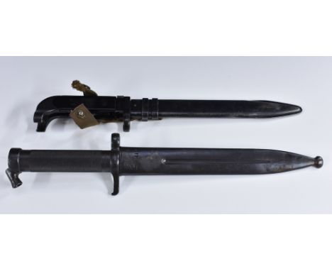 An SLR type knife bayonet, 20cm fullered blade, two-piece grip, scratched serial no.H5154,black painted scabbard, 33cm long; 