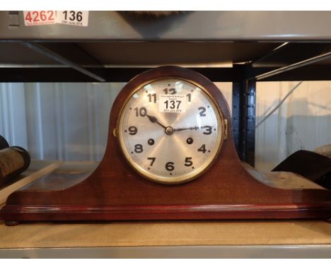 Walnut cased chiming mantel clock with key and pendulum W: 44 cm