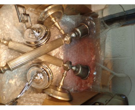 Pair of wall sconce candle holders with chimneys and a pair of candlestick holders 