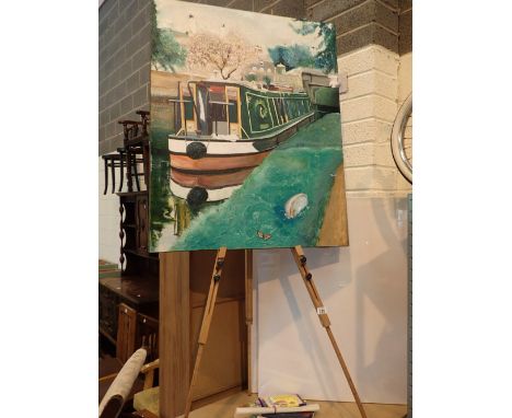 Three new blank painting canvases artist easel with barge painting and brushes pencils etc 