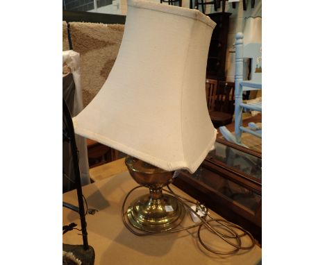 Brass oil lamp converted to electric with square cream shade H: 60 cm  CONDITION REPORT: This item has been PAT tested and ha