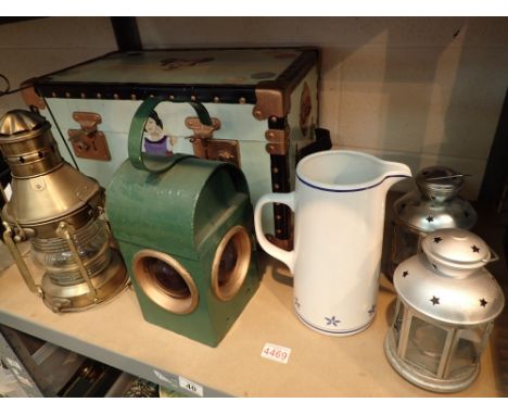 Small wooden chest and contents ceramic jug candle holder lamps brass ships lamp old street works lamp 