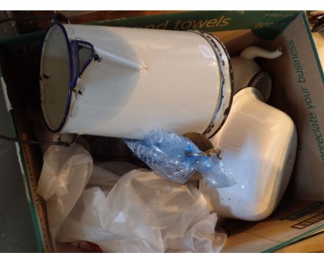 Box containing enamel ware chandelier etc 