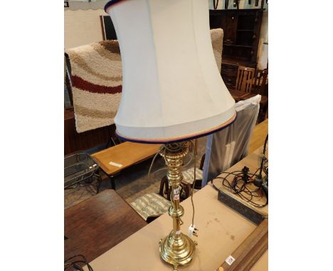 Tall brass table lamp with shade H: 106 cm CONDITION REPORT: This item has been PAT tested and has PASSED. This does not conf