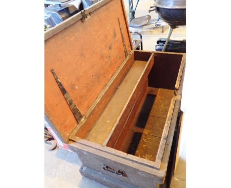 Vintage wooden tool chest with two carry handles and internal shelf 96 x 46 x 40 cm 