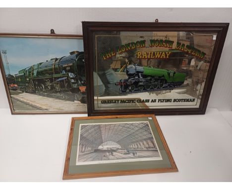 A St Pancras etching, a railway print and a LNER decorative mirror.