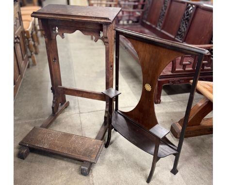 A Victorian Gothic Revival oak prayer stand and an Edward VII mahogany inlaid mahogany fire screen 