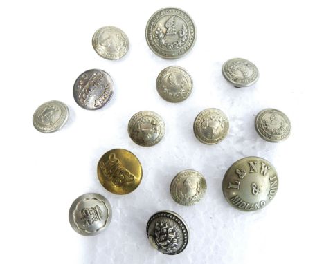A collection of fourteen railway buttons including a 25mm L&amp;NW &amp; Midland Joint Railway (B'ham New Street) button, an 