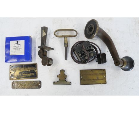 A GNR brass signal box shelf plate, Stanton Junction Up Main Homes Fogging Machine, a brass GNR bulldog clip, a brass carriag