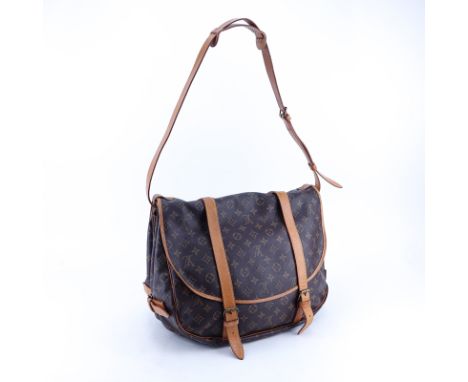 Louis Vuitton Brown Monogram Coated Canvas Saumur Double Strap 2 Sided Crossbody Messenger Bag. Golden brass hardware, vachet