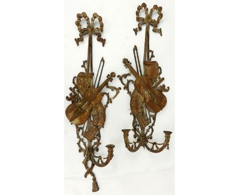 Early 19th Century French Louis XVI Style Carved Wood Two Light Sconces. Traces of original pigment. Unsigned. Need some rest