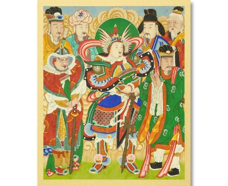 A Chinese Silk Scroll Painting, Several Standing Warrior and Scholar Figures. Good condition. Measures 45-1/2" H x 38-3/8" W.