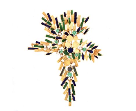 Large Retro 14 Karat Yellow Gold and Enamel Brooch with Diamond and Emerald Accents. Unsigned. Very good condition. Measures 