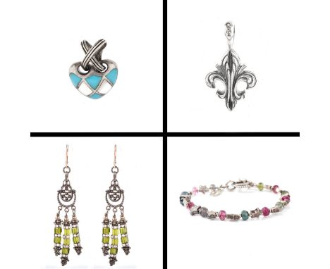 Collection of Vintage Sterling Silver Jewelry Including: Fleur de Lis Pendant; Enamel Heart Pendant; Star and Multi Stone Bra