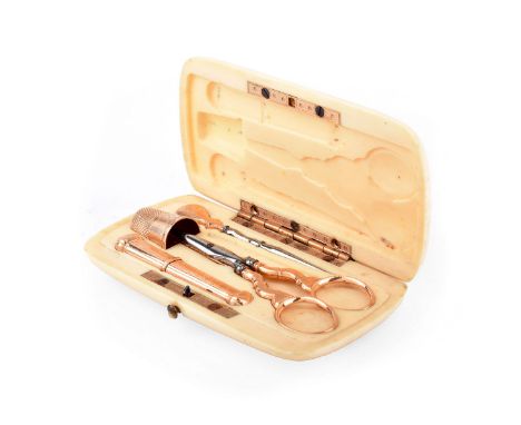 19th Century French 18 Karat Yellow Gold Sewing Kit in Fitted Ivory Box Including Scissors, Thimble, Needle Case, Needle and 
