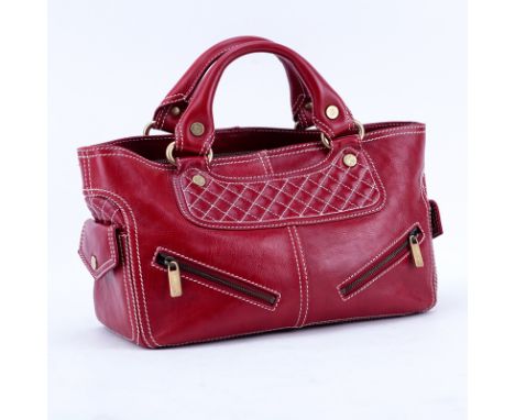 Celine Red Soft/Quilted Leather Boogie Bag With 2 Front Pockets. Brushed gold tone hardware, black canvas interior with zippe