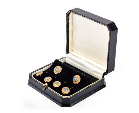 Man's Vintage Black Opal and 18 Karat Yellow Gold Six (6) Piece Dress Shirt Set Including Cufflinks and Four (4) Shirt Studs.