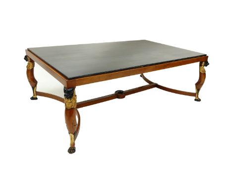 Mid Century Empire Style, Parcel Gilt, Egyptian Revival Carved Wood Marble Top Coffee Table. Typical scuffs to gilt and paint