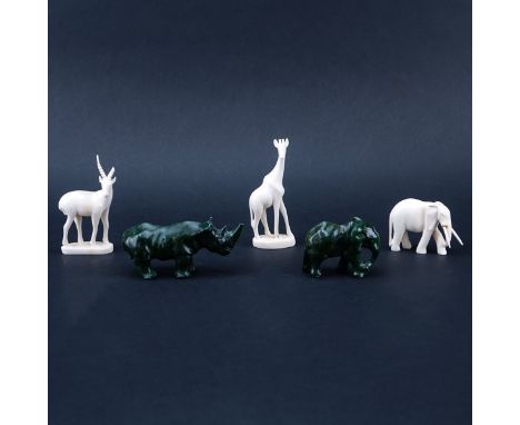 Five (5) Piece Lot Of Ivory & Stone African Animal Figures. Unsigned. Losses. Giraffe measures 4-1/2" H. We Will Not Ship Thi