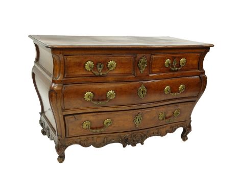 Good 18/19th Century Louis XV French Carved Walnut Commode en Tombeau. Two shaped single drawers with two large drawers. Typi