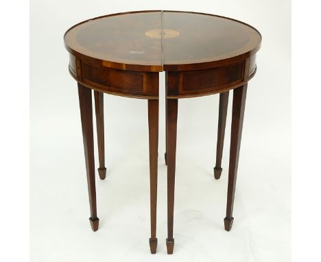 Pair of Sheraton Style Flame Mahogany, Marquetry Inlaid Demi Lune Tables. Light scuffs to top on both, one has wear to veneer