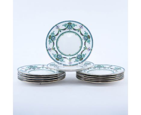 Twelve (12) Mintons For Tiffany Hand Painted Porcelain Dessert Plates. Signed. One with hairline, all with light wear minor c