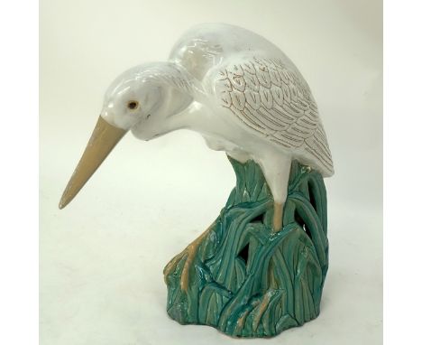 Large Glazed Art Pottery Crane Figure. Unsigned. Light crazing, overall good condition. Measures 27" H. Shipping: Third party