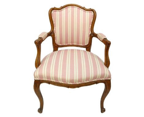 Vintage Italian Carved Wood and Upholstered Armchair Chair. Light scuffs and scratches to wood frame, backrest has some spott